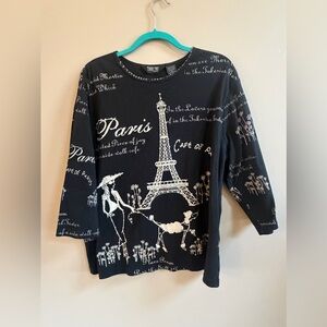 Take Two Y2K Black & White Cotton 3/4 Sleeve Paris Woman Dog Figure Shirt Top